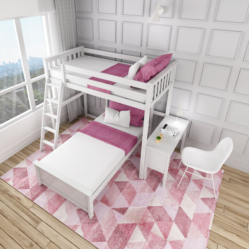 Bright modern children's bedroom with white wooden bunk bed, pink bedding and pillows, geometric pink area rug, white desk workspace, paneled wall and large window city view