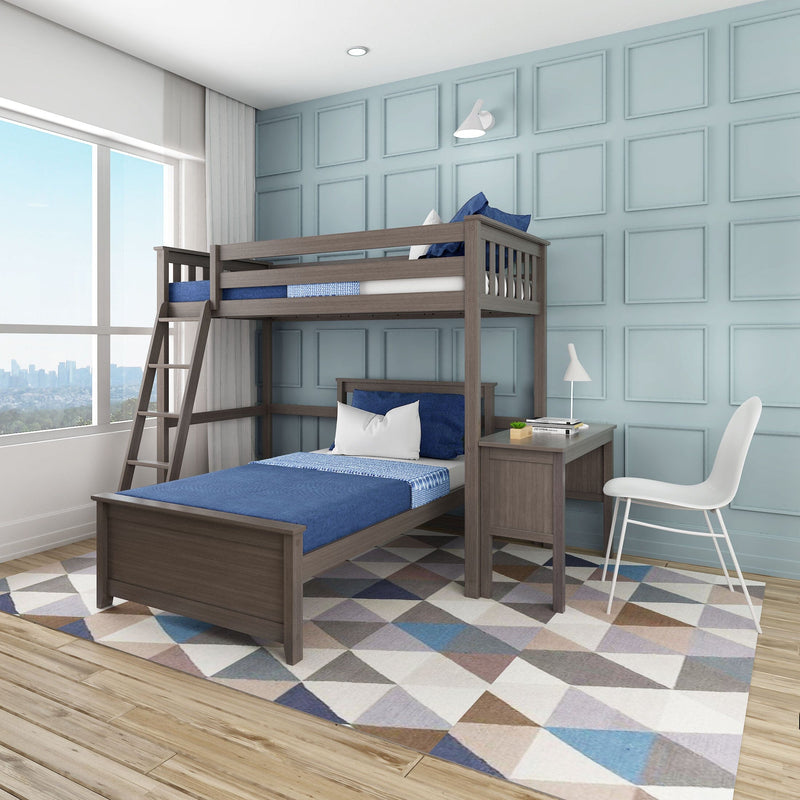 Kids bunk bed room with gray wood loft bed, blue bedding, geometric rug, light-blue paneled accent wall and large window view