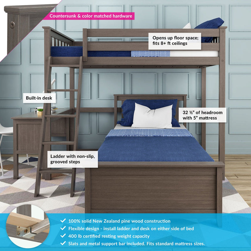 Gray solid New Zealand pine loft bunk bed with built-in desk and ladder, space-saving design with non-slip grooved steps, blue bedding, fits 8+ ft ceilings