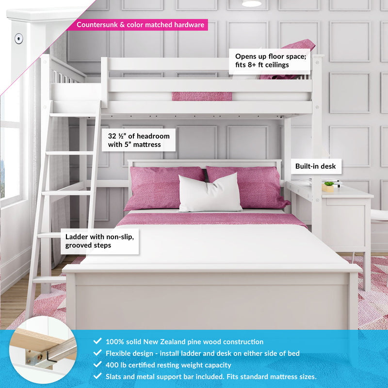 White solid New Zealand pine loft bed with ladder and built-in desk, pink bedding and non-slip ladder steps in a space-saving kids’ bedroom — fits 8+ ft ceilings