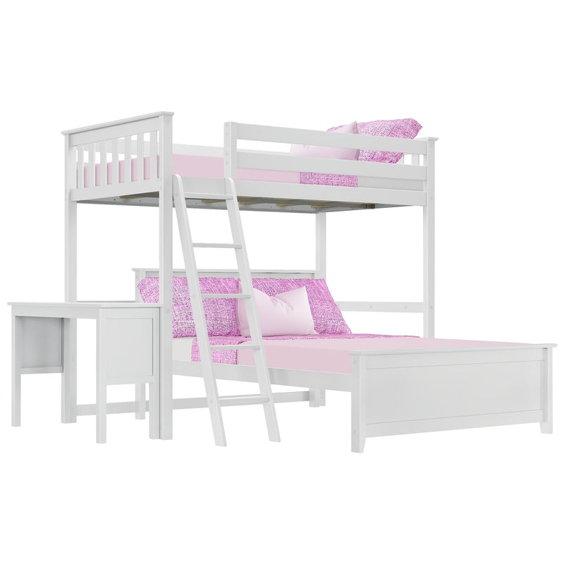 White wooden loft bunk bed with ladder and guardrails, pink bedding and pillows, lower bed and built-in desk storage for kids' bedroom