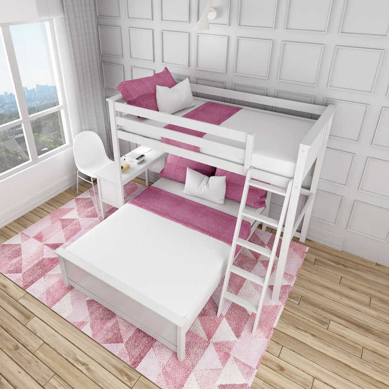 Modern kids bedroom with white bunk bed and ladder, pink pillows and geometric rug, white paneled accent wall, hardwood floor and large bright window