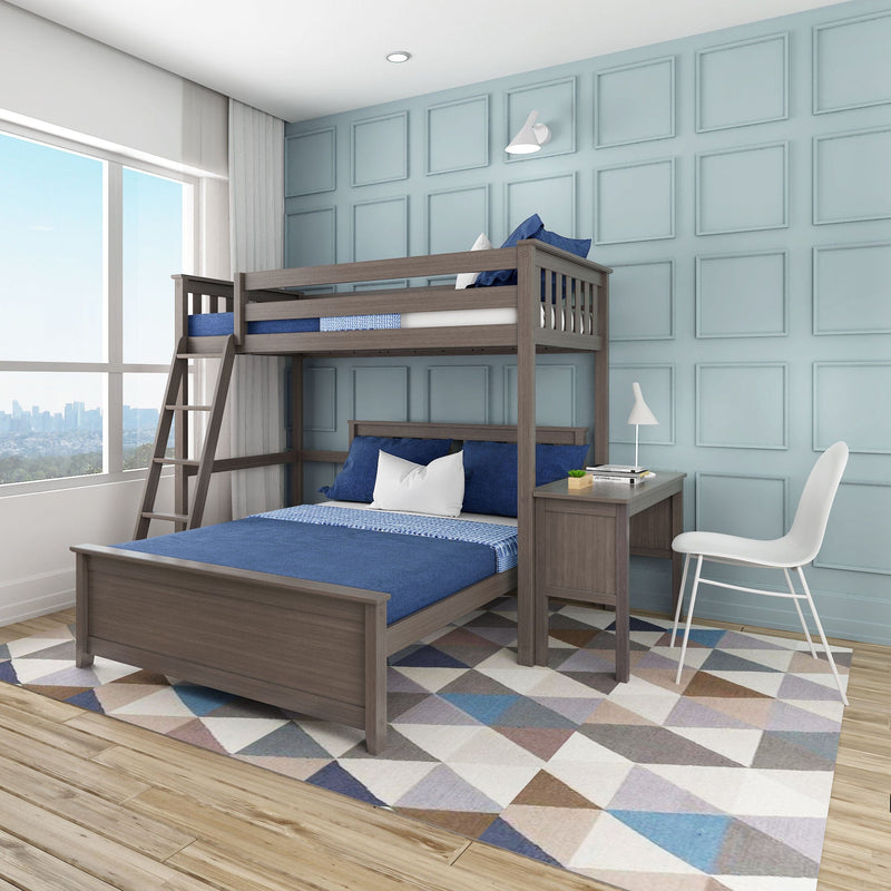Modern children's bedroom with wooden twin-over-full bunk bed, blue bedding, light-blue paneled accent wall, study desk and geometric rug by large window
