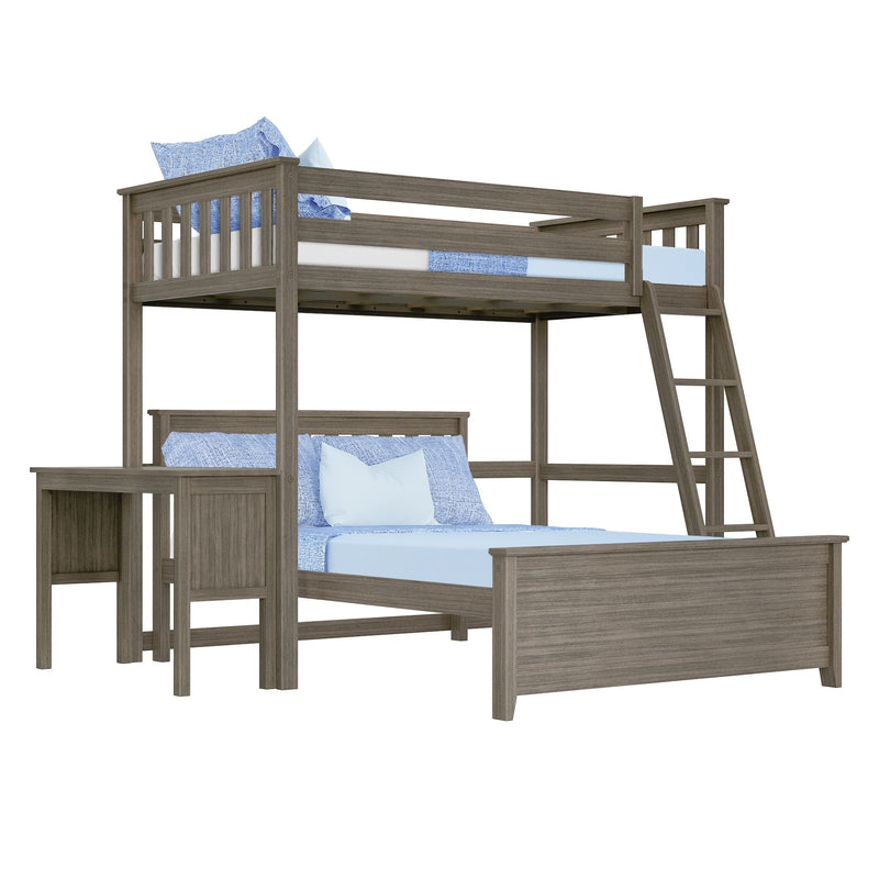 Gray wood twin-over-full loft bunk bed for kids with ladder, built-in desk and storage shelves, styled with blue bedding