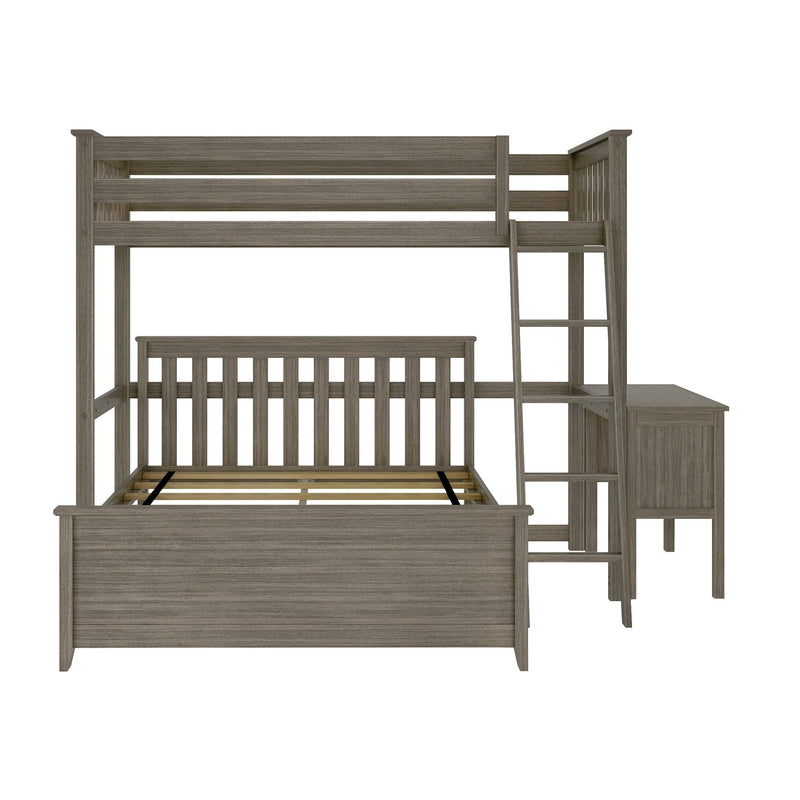Gray wood twin-over-full bunk bed with ladder, slatted headboard and footboard, built-in desk and storage, modern farmhouse finish
