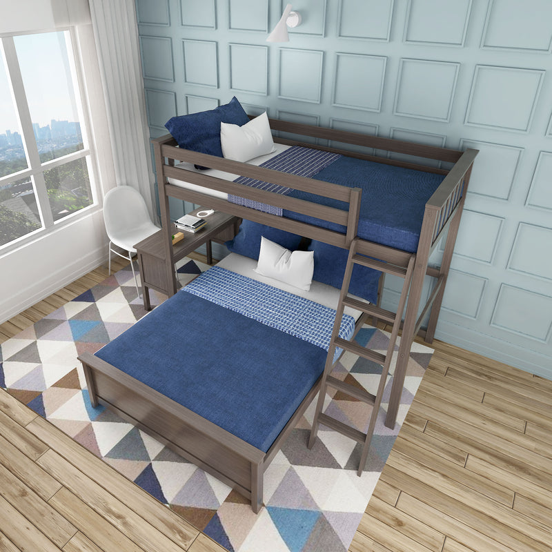Modern kids' bedroom with wooden twin-over-twin bunk bed, navy blue bedding, geometric rug and sunny window view