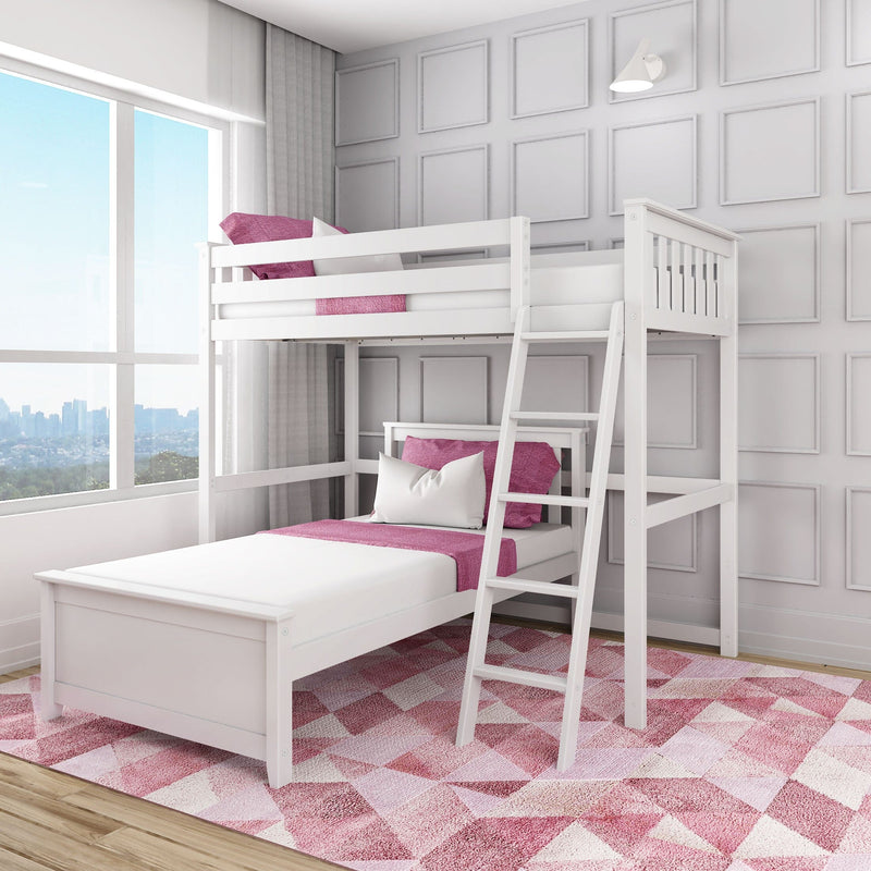 White wooden bunk bed with pink bedding and pillows in a bright modern kids' bedroom with large window, city skyline view, paneled accent wall and pink geometric rug