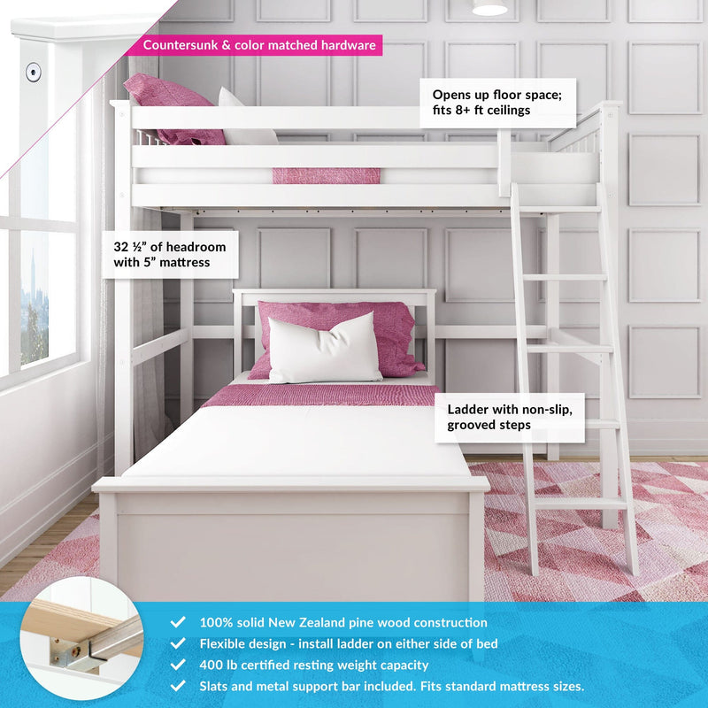 White wooden loft bunk bed with ladder and pink bedding in kids' bedroom, space-saving design with non-slip ladder and 32½″ headroom, fits 8+ ft ceilings