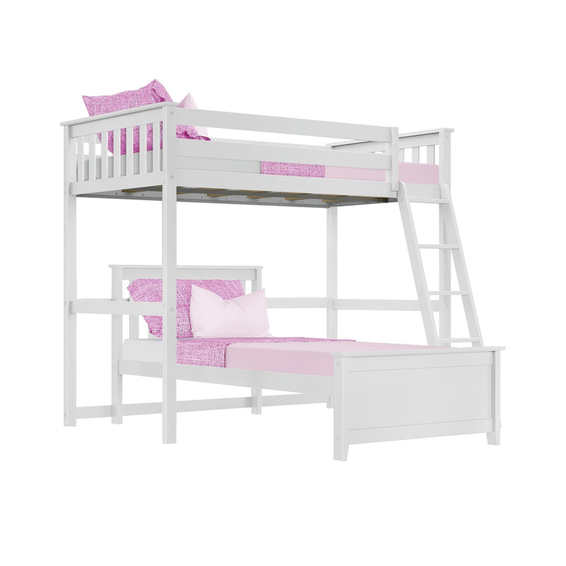 White wooden loft bunk bed with ladder and pink bedding — twin-over-twin children's bunk bed, space-saving kids' bedroom furniture