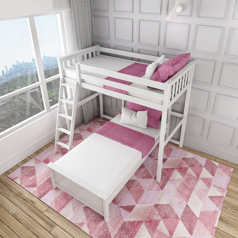 White wooden bunk bed with pink bedding and geometric pink rug in a modern kids' bedroom with paneled gray wall and large city-view window
