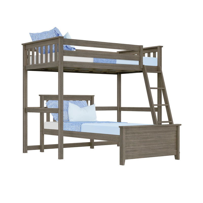 Twin-over-full bunk bed in grey oak finish with ladder and guardrails, solid wood space-saving loft bed with blue bedding for kids' bedroom