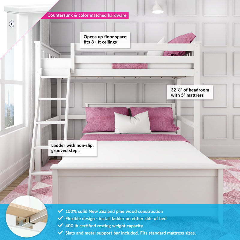 White solid pine loft bunk bed with ladder and pink bedding — space-saving kids' bunk bed with non-slip grooved steps, metal support bar, and 400 lb capacity