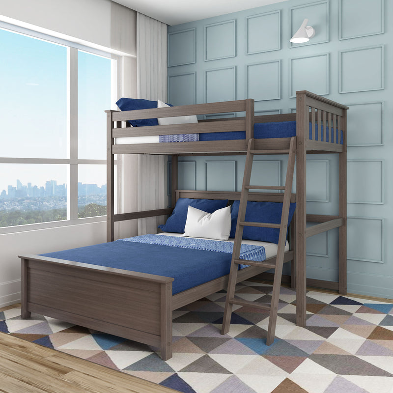 Modern wooden bunk bed with ladder and blue bedding in a light-blue paneled kids' bedroom by a large window with city skyline view