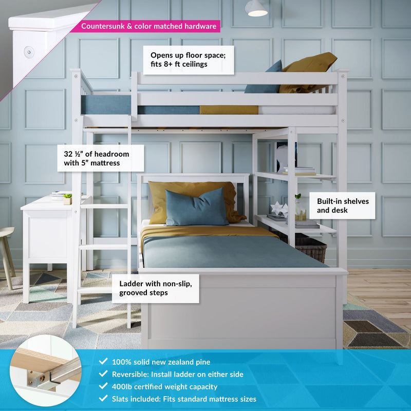 Twin Over Twin L-Shaped Bunk Bed With Bookcase & Desk