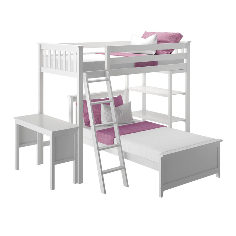 White wooden loft bunk bed with ladder, built-in desk and shelves, twin bed with pink throw and pillows, kids bedroom furniture