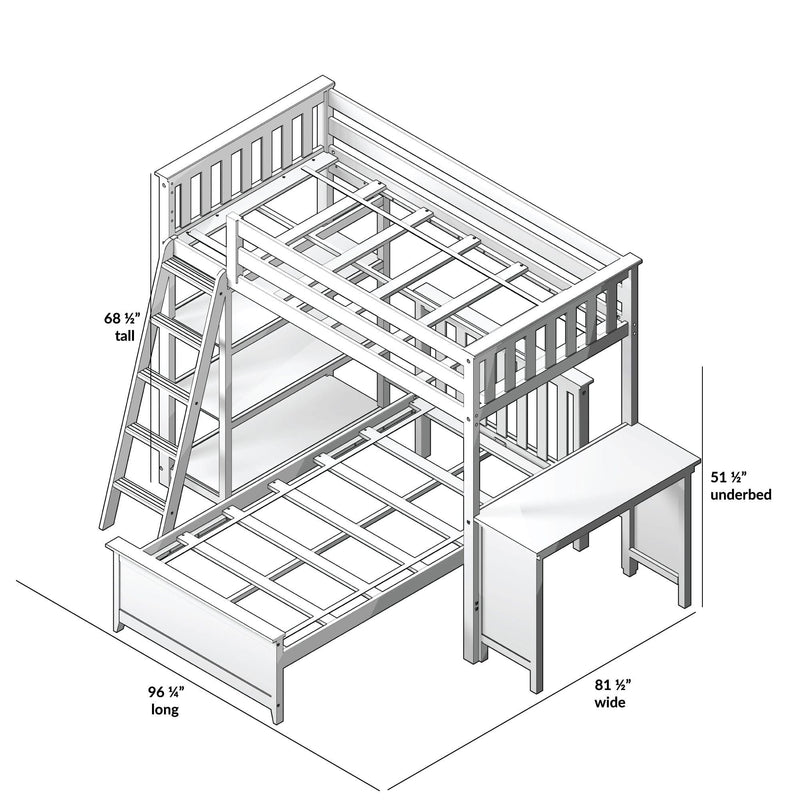 Isometric assembly diagram of a wooden loft bunk bed with ladder, safety rails, slatted mattress supports and integrated underbed desk, labeled dimensions 68½″ tall × 96¼″ long × 81½″ wide and 51½″ underbed — ideal twin loft bed children's furniture