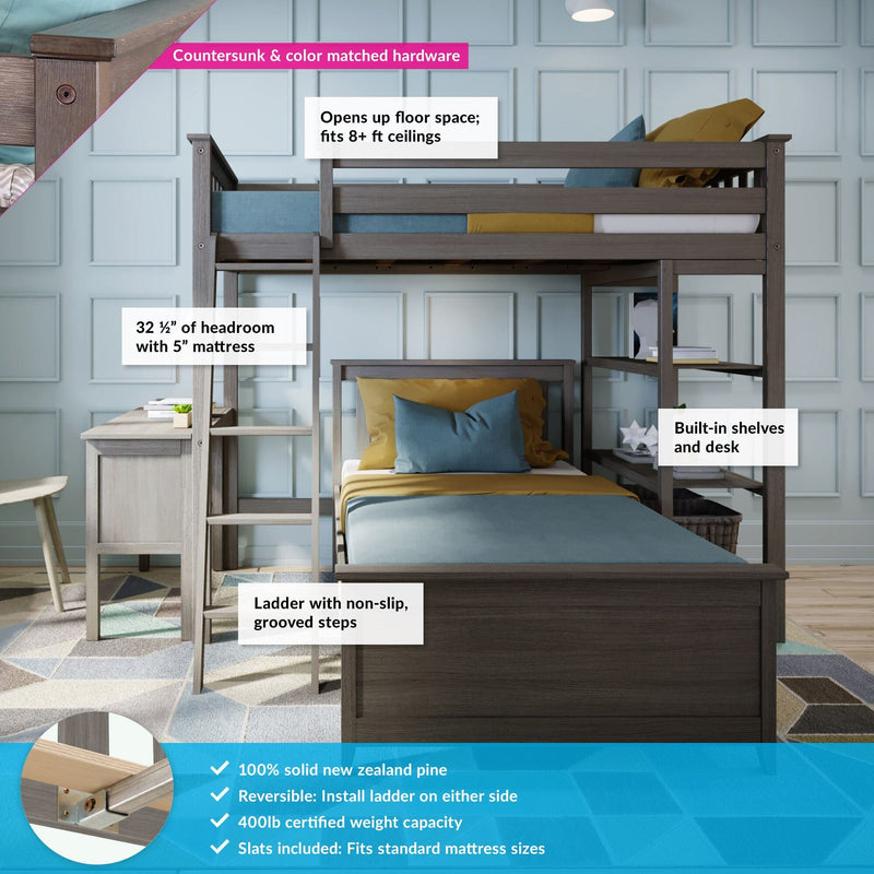 Grey solid New Zealand pine twin loft bed with ladder, built-in desk and shelves, reversible ladder and space-saving storage