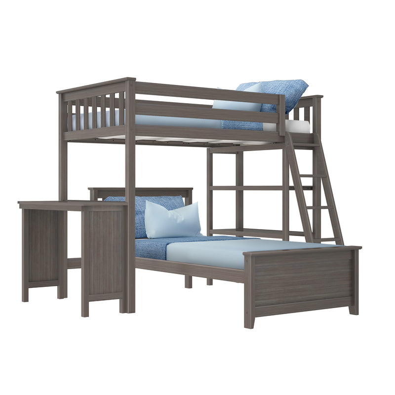 Gray wood loft bunk bed with ladder, built-in desk and shelving, styled with light blue sheets and pillows