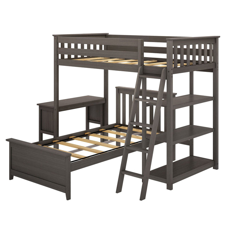 Dark gray wooden loft bed with ladder, built-in desk and shelves, slatted twin bed frame