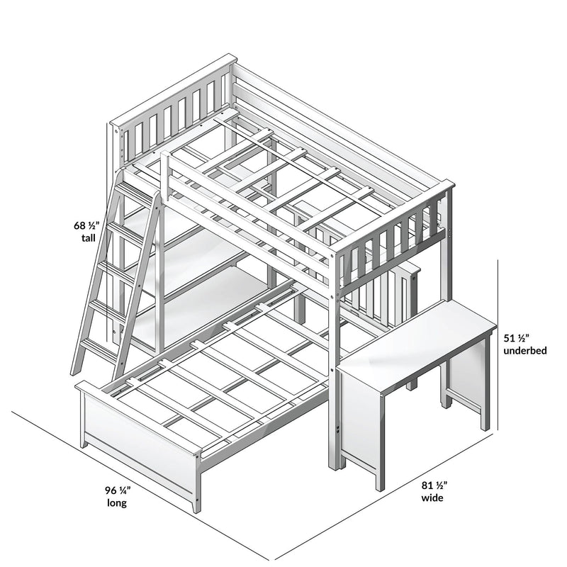 Assembly diagram of a wooden twin loft bed with ladder, guardrails, slatted mattress support and space‑saving underbed desk with dimensions shown