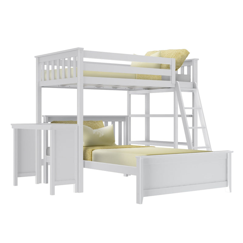 White wooden loft bunk bed with ladder, built-in lower bed and desk, styled with yellow bedding and pillows