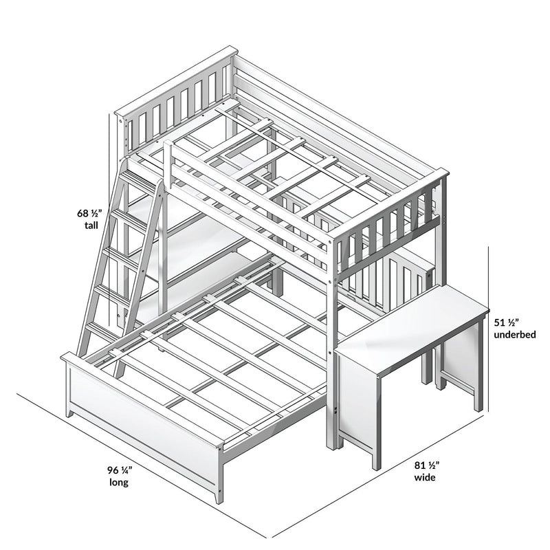 Isometric assembly diagram of a wooden loft bunk bed frame with ladder, slatted mattress supports, guardrails and underbed desk, labeled dimensions 96 1/4 in long × 81 1/2 in wide × 68 1/2 in tall.