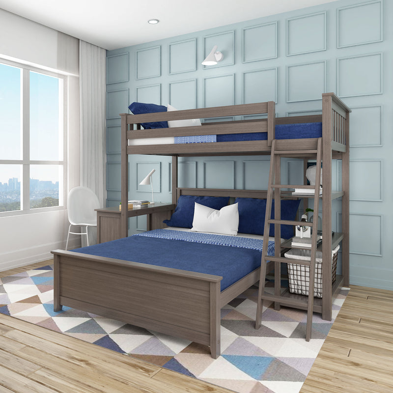 Modern gray wooden loft bunk bed in kids' bedroom with built-in desk, navy blue bedding, paneled light-blue accent wall and large window