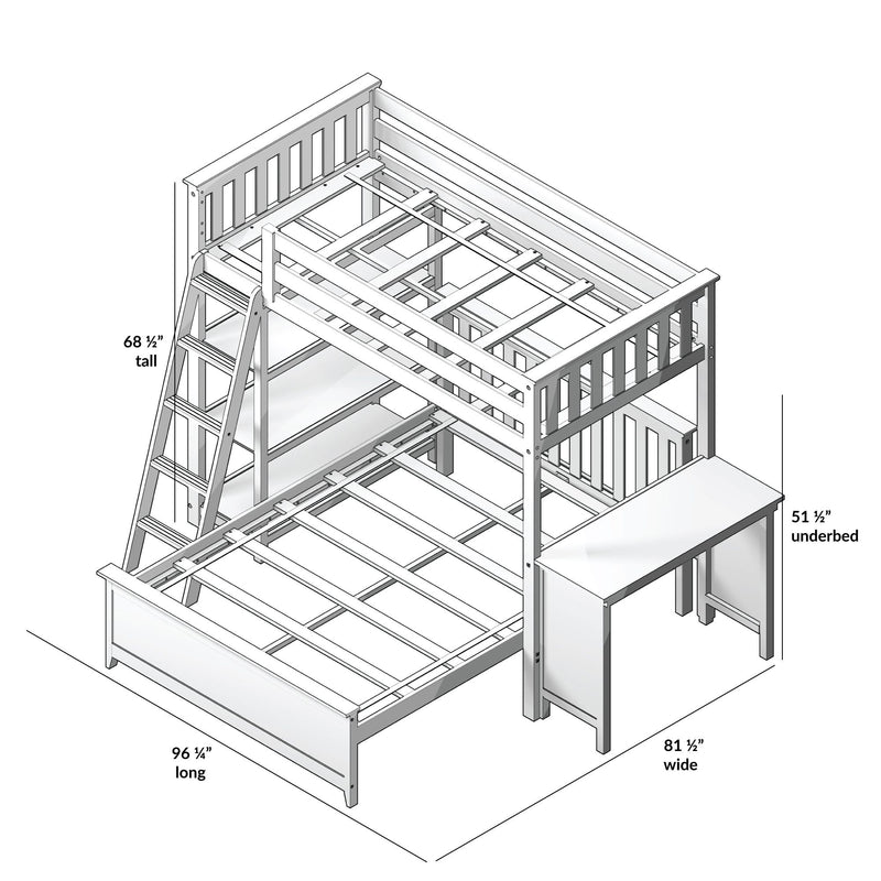 Loft bunk bed frame assembly diagram showing wooden slatted guardrails, ladder, platform supports and underbed desk, 96 1/4 in long x 81 1/2 in wide x 68 1/2 in tall