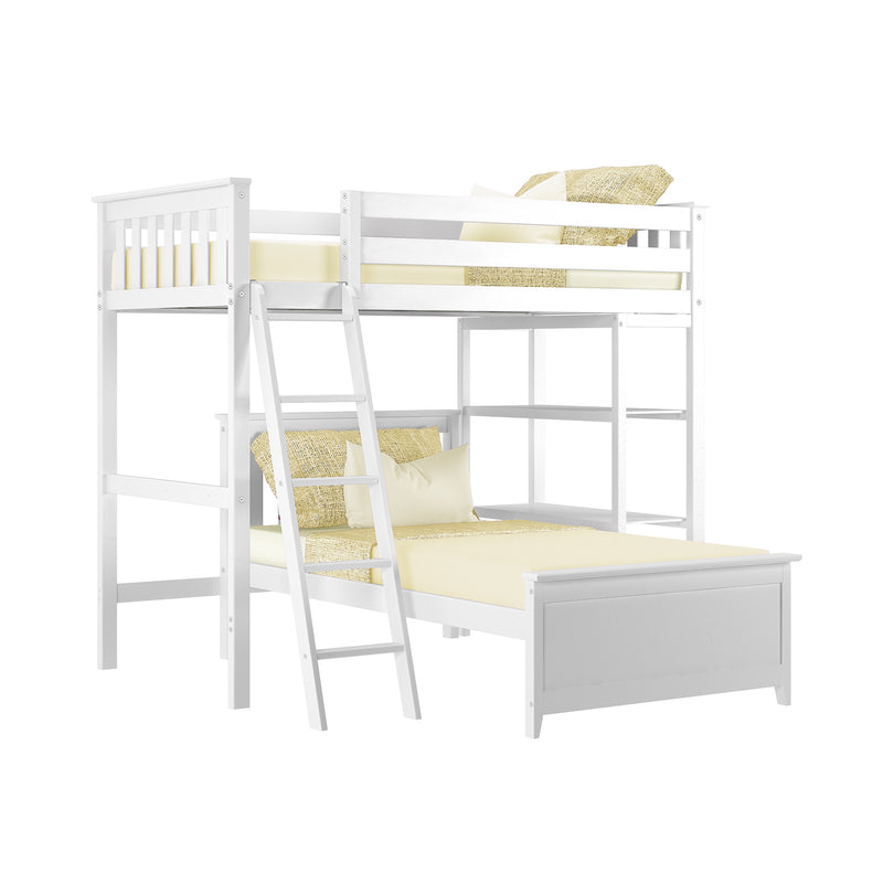 White wooden loft-style bunk bed with ladder, yellow bedding and pillows — space-saving kids bedroom furniture