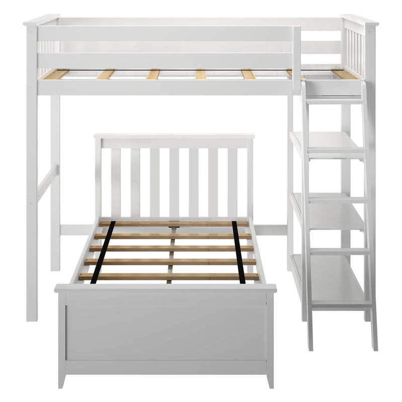 White wooden twin loft bed with ladder and built-in shelving, slatted mattress support and safety rails for kids' bedroom