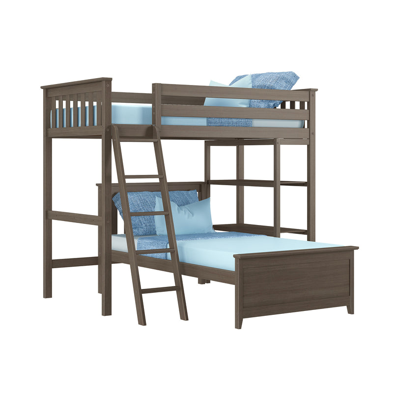 Wooden twin-over-twin loft bunk bed with ladder and safety rails, gray-brown finish, blue bedding — space-saving kids bedroom
