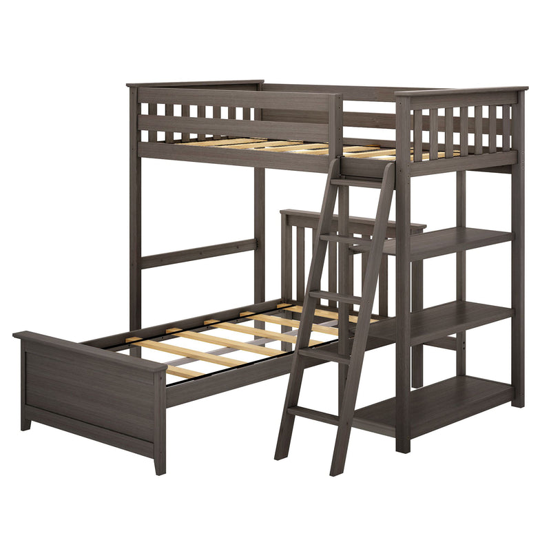 Gray wooden twin-over-twin loft bunk bed with ladder, guardrails, slatted mattress supports and built-in shelving