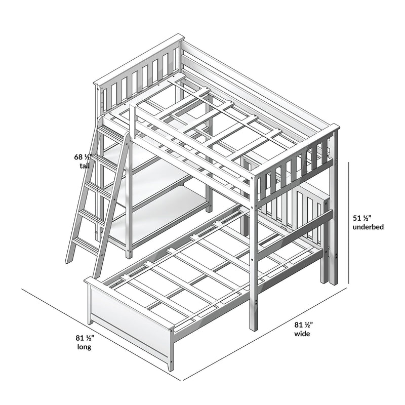 Wooden bunk bed frame assembly diagram with ladder, guardrails and slatted mattress supports, dimensions 81 1/2 in L × 81 1/2 in W, 51 1/2 in underbed clearance