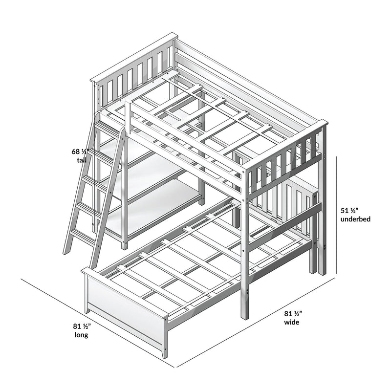 Assembly diagram of white wooden loft bunk bed frame with ladder, slatted mattress supports and underbed storage, 81.5 in long × 81.5 in wide × 51.5 in underbed clearance
