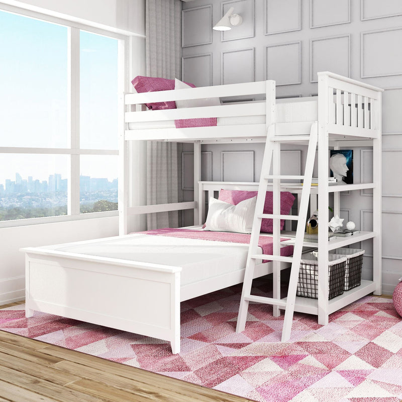 White loft bunk bed with pink bedding and ladder in modern children's bedroom with storage baskets and large window city view