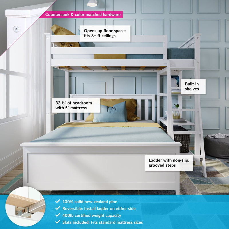 White solid pine loft bunk bed with ladder and built-in shelves in a modern kids' bedroom, reversible ladder and slats included, durable construction