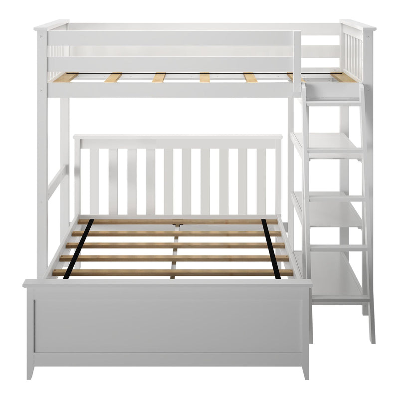 White wooden loft bed frame with guardrails, built-in ladder shelving and slatted mattress support, modern kids loft bed