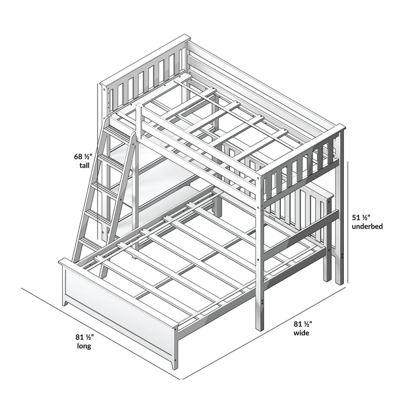 Loft bunk bed frame drawing showing a wooden twin-over-full bed with ladder, slatted safety rails, underbed storage space and slat platform for assembly