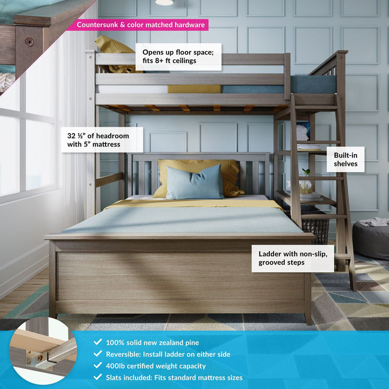 Space-saving solid pine loft bed with upper bunk and lower bed, built-in shelves and ladder, gray-wash finish with blue and yellow bedding against paneled wall and window — modern kids and teen bunk bed