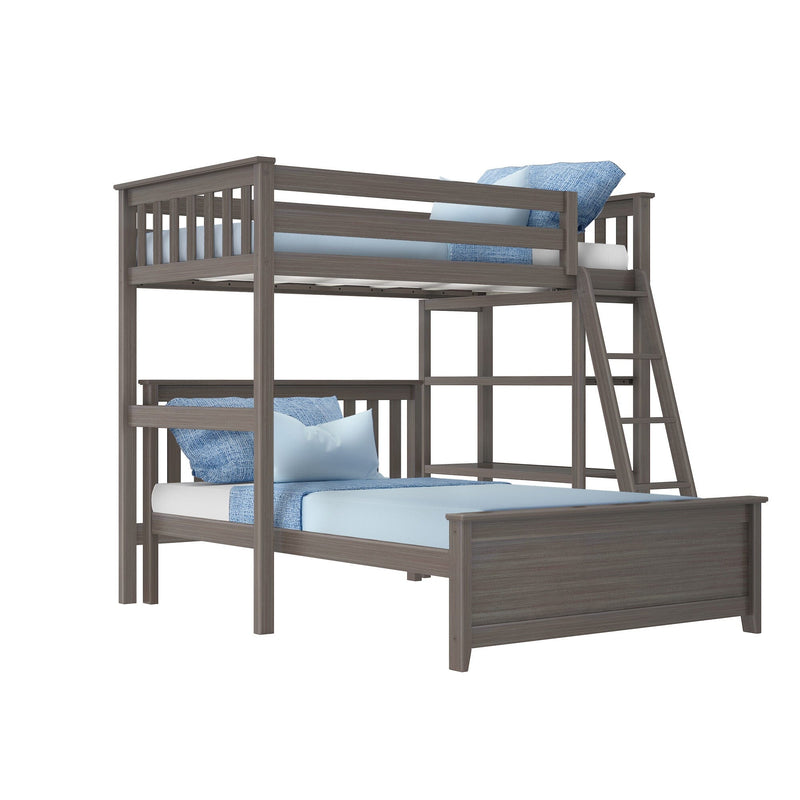 Modern gray wooden twin-over-full loft bunk bed with ladder and blue bedding