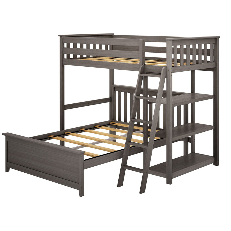 Gray wooden twin-over-full loft bunk bed with ladder, slatted rails, visible wooden slats and built-in shelving