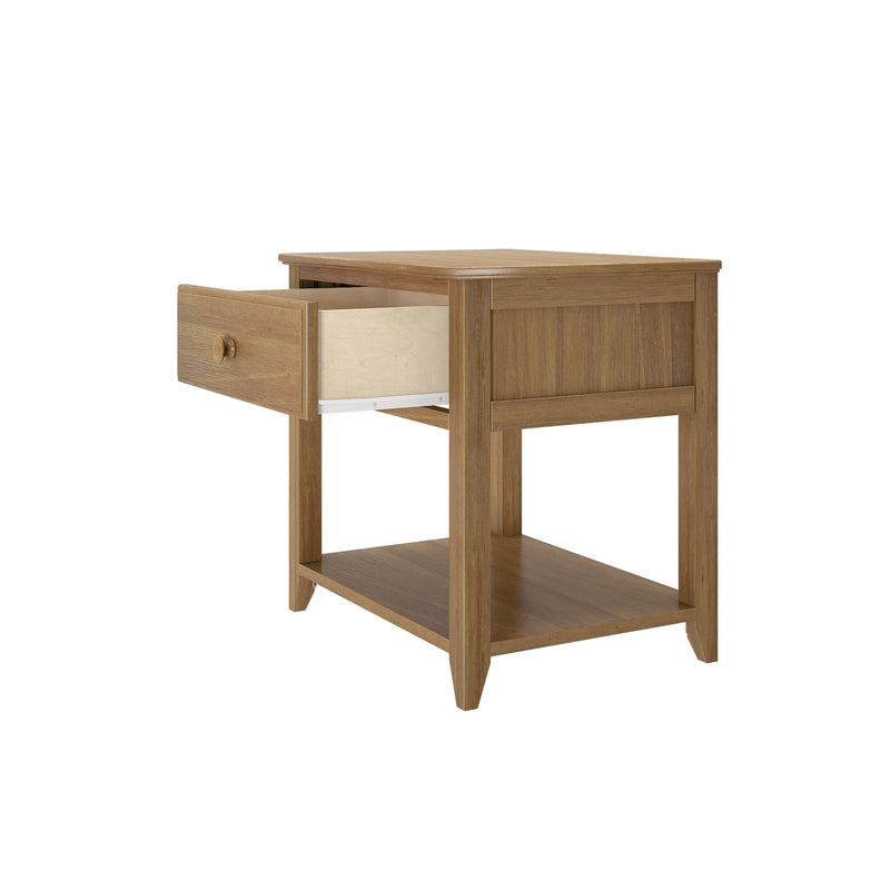 Light oak-finish wooden nightstand end table with one open drawer and lower shelf, modern bedside storage table for bedroom or living room