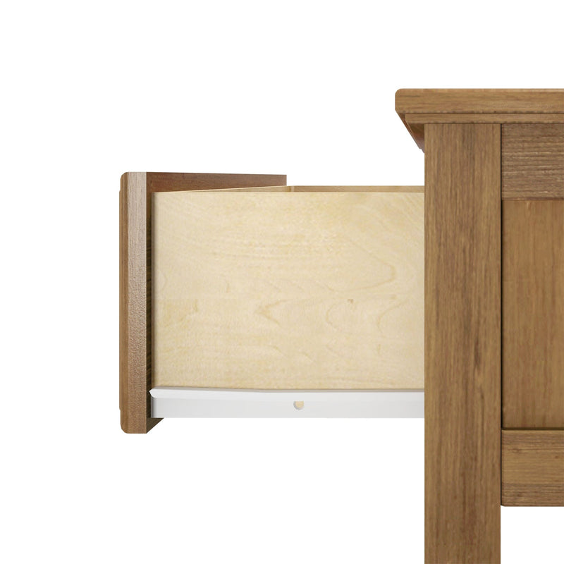 Open wooden dresser drawer with light plywood interior and white metal drawer slide, medium brown wood grain finish, side view on white background