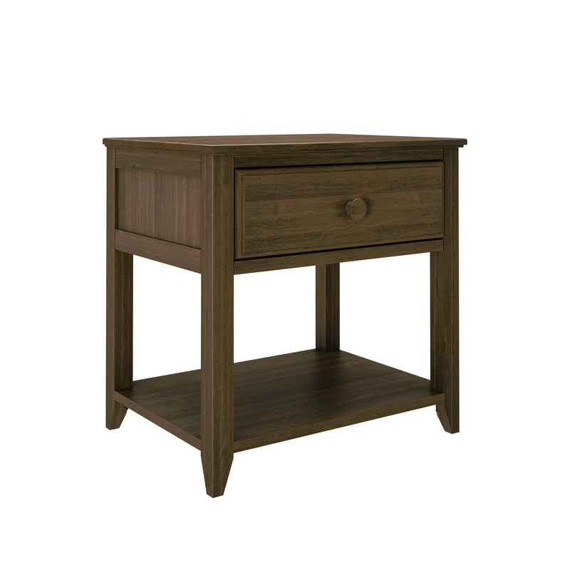 Dark brown wooden nightstand bedside table with single drawer and round knob, open lower shelf and tapered legs, modern farmhouse style