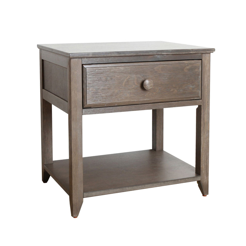 Gray-washed wooden nightstand with single drawer and lower shelf, rustic modern bedside table
