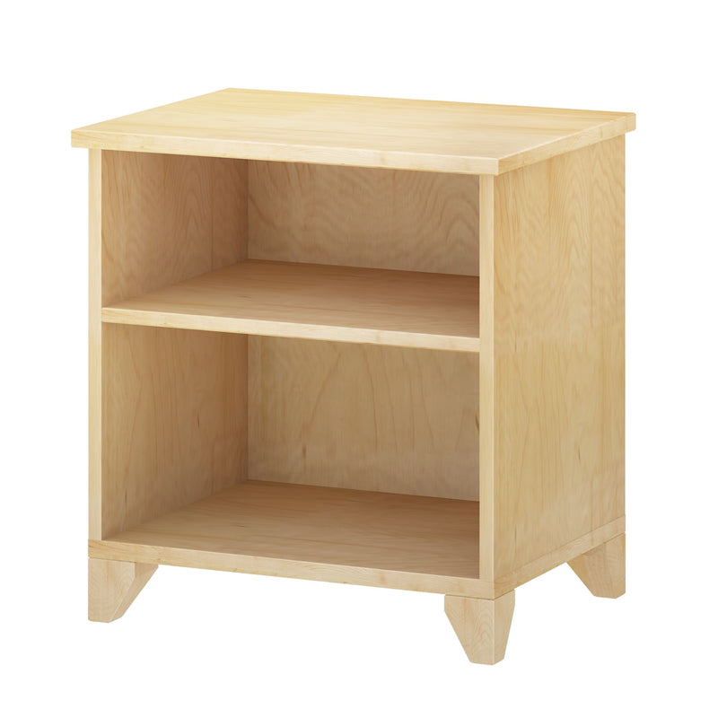 Natural light wood nightstand with two open shelves and tapered legs, minimalist bedside table