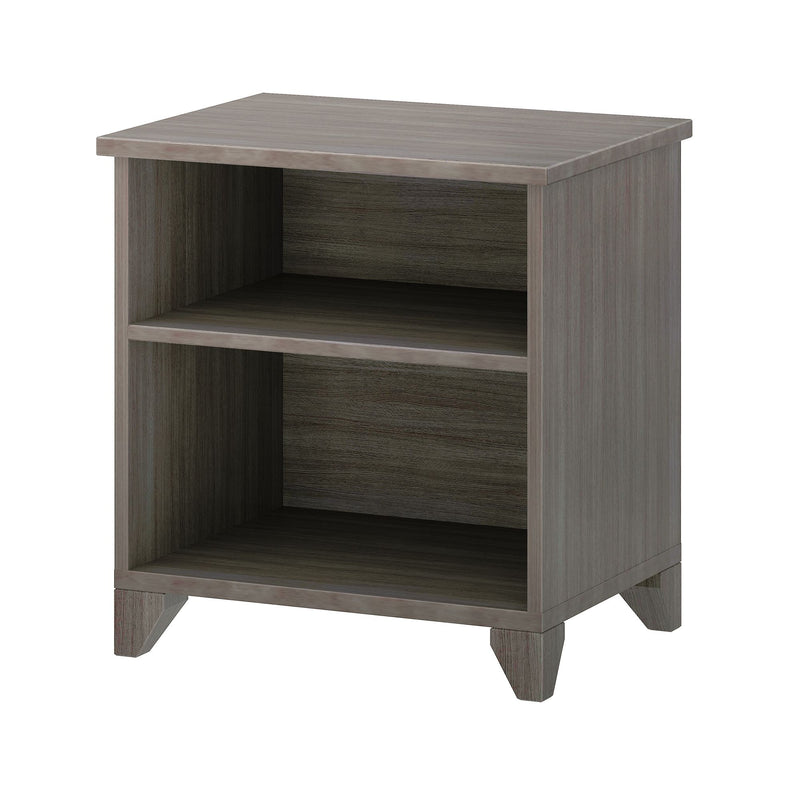 Grey wood nightstand with two open storage shelves, modern farmhouse bedside table with tapered legs and wood grain finish
