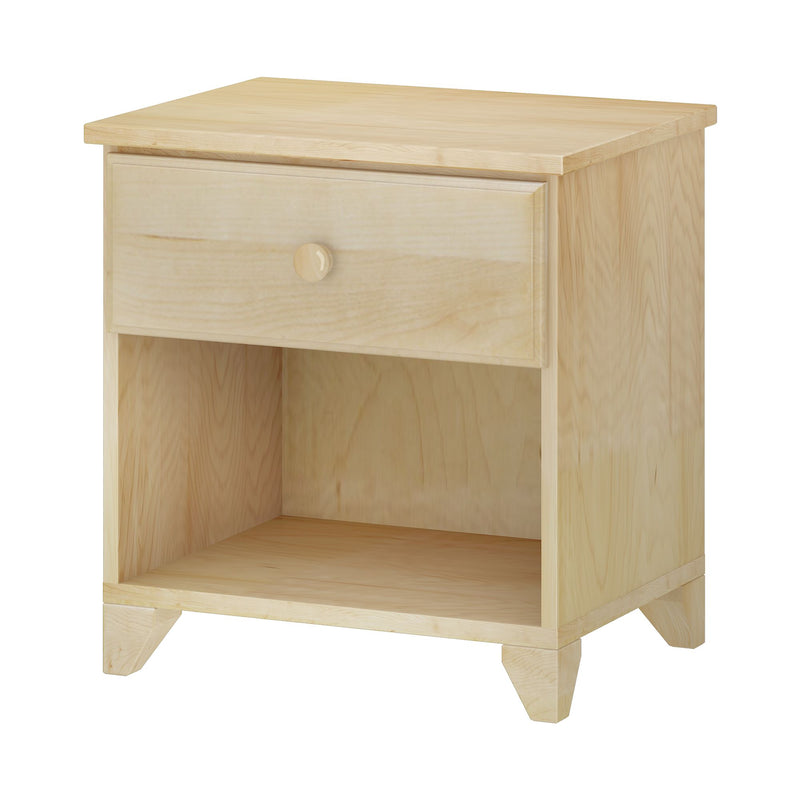 Light natural wood bedside nightstand with single drawer and open shelf, tapered legs, minimalist bedroom storage table