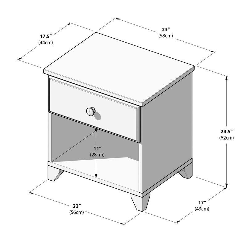 Isometric diagram of a bedside nightstand with one drawer, open shelf and tapered legs, annotated dimensions 23" (58 cm) wide × 17.5" (44 cm) deep × 24.5" (62 cm) high
