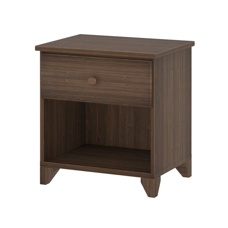 Dark walnut wood nightstand with single drawer and open cubby shelf, mid-century modern bedside table with tapered legs and visible wood grain finish